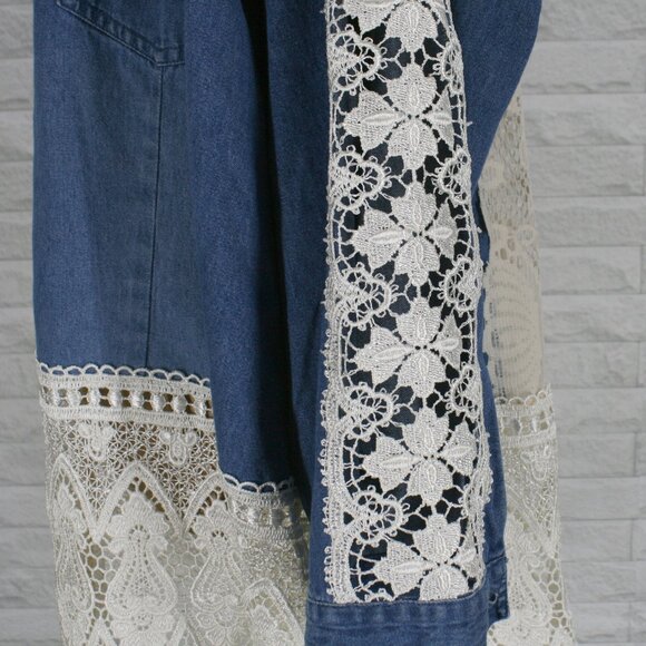 HAND CRAFTED Jacket Denim Blue Jean Upcycled Floral Vintage Cream Lace 2X - Picture 2 of 14